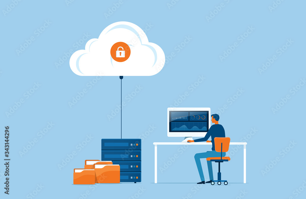 flat vector business technology storage and cloud server service concept with administrator and developer team working concept - obrazy, fototapety, plakaty 