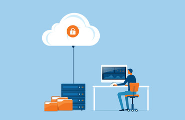 Wall Mural - flat vector business technology storage and cloud server service concept with administrator and deve