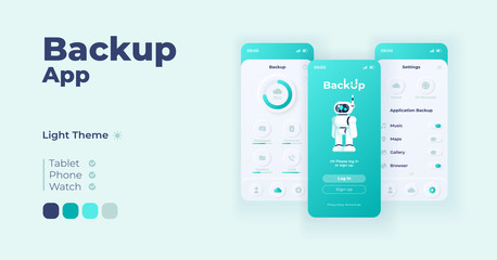 Backup application cartoon smartphone interface vector templates set. Mobile app screen page day mode design. Database log in page and settings UI for application. Phone display with flat character