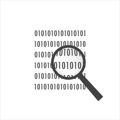 Vector binary code and magnifier icon on white isolated background.