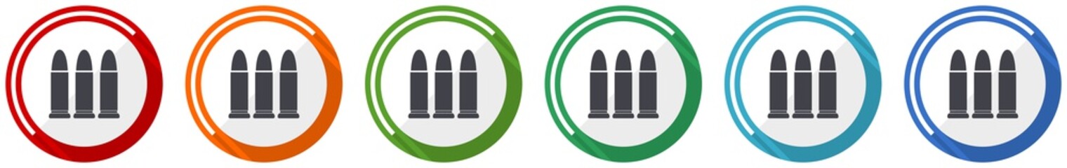 Leinwandbilder - Ammunition icon set, flat design vector illustration in 6 colors options for webdesign and mobile applications