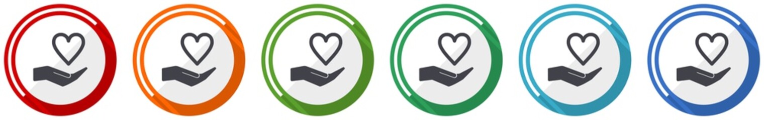 Aufkleber - Care love icon set, flat design vector illustration in 6 colors options for webdesign and mobile applications
