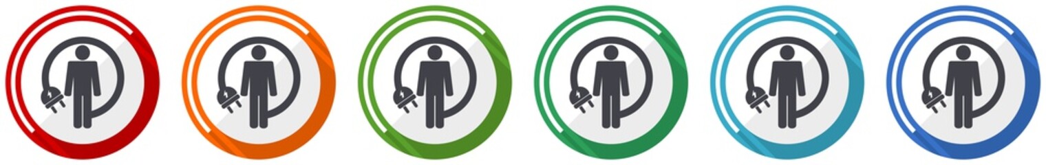 Aufkleber - Android charging wire icon set, humanoid robot flat design vector illustration in 6 colors options for webdesign and mobile applications