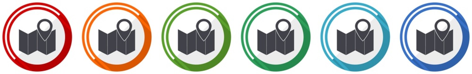 Aufkleber - Marker icon set, map, location and travel flat design vector illustration in 6 colors options for webdesign and mobile applications