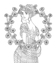 Coloring Book For Adults With Beautiful Lady In The Empire Style And A Wreath Of Cornflowers