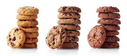 Three piles of cookies isolated on white