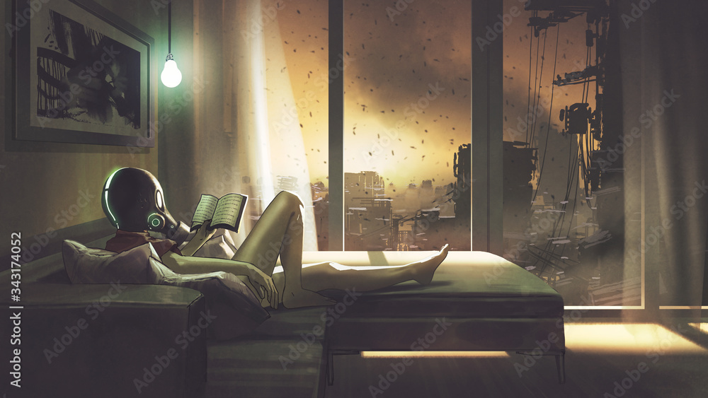 self-quarantine concept, a girl with wearing a gas mask lying on the sofa reading a book in her room, digital art style, illustration painting - obrazy, fototapety, plakaty 