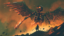 Man With His Spear Waking Up The Giant Skeleton From Hell, Digital Art Style, Illustration Painting