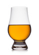 Scotch whiskey in crystal clencairn glass on white background.