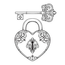 Key And Heart Shaped Padlock In Vintage Style Coloring Book Page For Kids And Adults Hand Drawn Line Art Print Or Tattoo Design Vector Illustration.