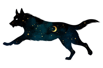 Wall Mural - Silhouette of wolf with crescent moon and stars isolated. Sticker, print or tattoo design vector illustration. Pagan totem, wiccan familiar spirit art