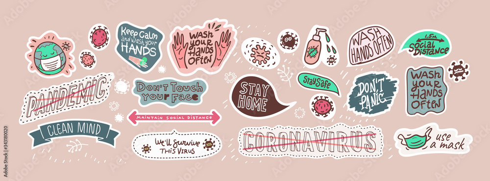 Covid-19. A set of vector illustrations about coronavirus. Stickers and graphic elements. - obrazy, fototapety, plakaty 