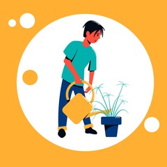 Young guy watering flowers from a watering can. Flat vector character.