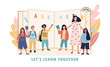 Lets Learn Together concept with diverse kids and teacher standing together in a group in front of an open ABC primary school alphabet book, colored vector illustration