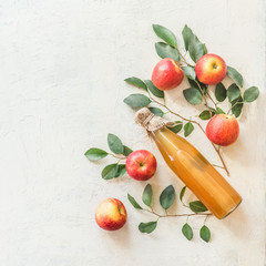 Homemade apple cider vinegar or juice in glass bottle with ingredients: fresh organic garden apples with bunches and leaves on white table background. Top view. Flat lay. Border. Frame. Copy space