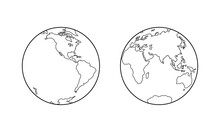 Vector Illustration Of Western And Eastern Hemispheres Of Planet Earth, Silhouettes Of Continents, Contour Line. Eurasia, America, Africa, Australia, Antarctica