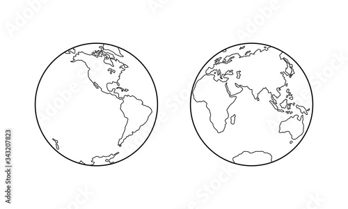 Photographie Vector illustration of Western and Eastern Hemispheres of planet Earth, silhouettes of continents, contour line