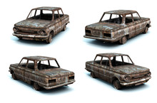 Set Of 3d-renders Of Burnt Retro Car On White