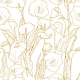 Calla flower seamless pattern. gold engraved ink art. Floral tropical background , outline, hand-drawing.
