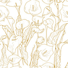 Calla Flower Seamless Pattern. Gold Engraved Ink Art. Floral Tropical Background , Outline, Hand-drawing.