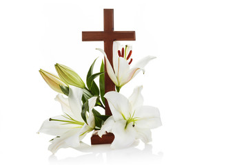 Wall Mural - Cross with lilies isolated on white background for decorative design. Spring background. Easter card.