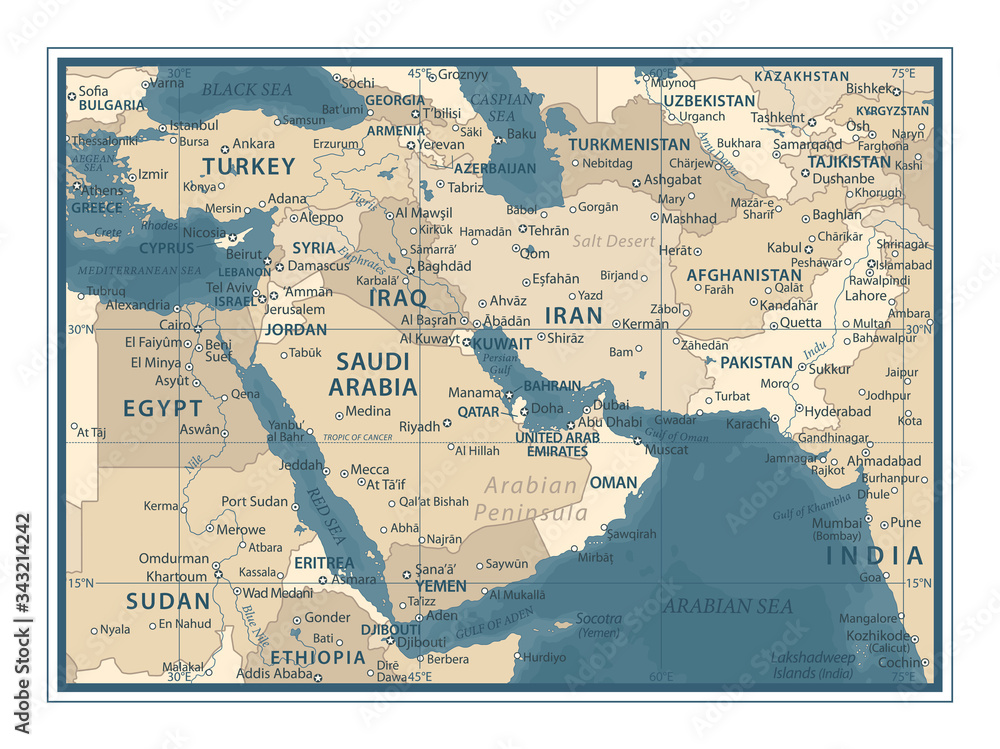 Middle East Map - Vintage Vector Illustration Stock Vector | Adobe Stock