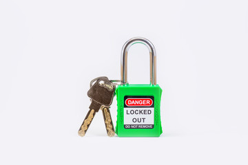 Green key lock and tag for process cut off electrical,the toggle tags number for electrical log out tag out on white background