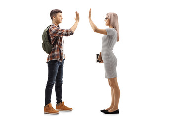 Wall Mural - Young female teacher holding books and gesturing high-five with a male student