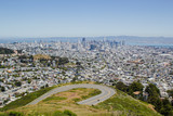 Fototapeta Miasta - View on San Francisco city downtown and bay from famous touristic Twin Peaks hill. Beautiful scenery view on SF, California travel destination, Bay Area touristic spot, traveling in USA