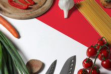 Singapore Flag On Fresh Vegetables And Knife Concept Wooden Table. Cooking Concept With Preparing Background Theme.