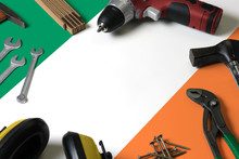 Ireland Flag On Repair Tool Concept Wooden Table Background. Mechanical Service Theme With National Objects.