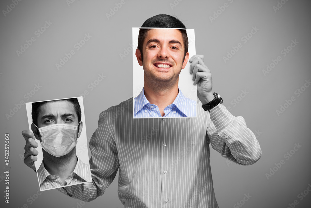 Man changing his mood, before and after coronavirus quarantine - obrazy, fototapety, plakaty 