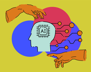 Aufkleber - The creation of Adam in futuristic style with circuit elements. Two hands goind to touch together, sybolism of connection, cyberfuture and robots.