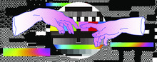 The Creation Of Adam On No Signal TV Backgound. Vaporwave Style Collage With Hand Drawn Illustration From A Section Of Michelangelo's Fresco Sistine And RGB Bars With VHS Glitch Effect.