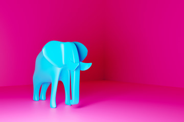 Full sized blue smooth elephant on a pink isolated background. 3D rendering model of an elephant in a simplified form. Animal Sketch Concept. Design art  elephant