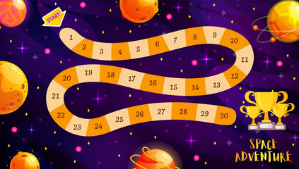 Graphic user interface for space adventure game. Template for children's board game. Vector background with funny and cute planets.