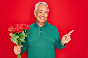 Canvas Print - Middle age senior grey-haired man holding romantic bouquet of red roses over red background very happy pointing with hand and finger to the side