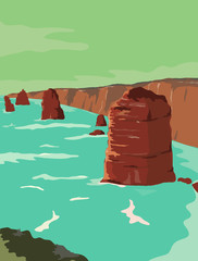 Wall Mural - Retro WPA illustration of Twelve Apostles, limestone stacks off Port Campbell National Park, by Great Ocean Road in Victoria, Australia in works project administration or federal art project style.