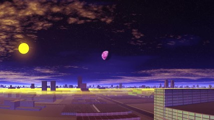 Wall Mural - Huge Moon over Alien Planet. On purple starry sky floating clouds, a bright yellow sun rises. A huge moon over the horizon. Rocks are among the water.