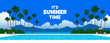 © tarikdiz - horizontal summer landscape with swimming pool sea palm trees mountain sky vector illustration for web design