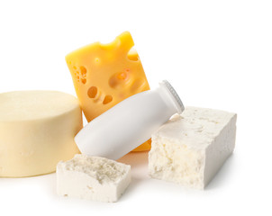 Different dairy products without lactose on white background