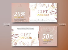 Vector Gift Voucher Template With Rose Gold , Mini Flowers. Business Floral Card Template. Abstract Background. Concept For Boutique, Floral Shop, Beauty Salon, Spa, Fashion, Flyer, Banner Design.