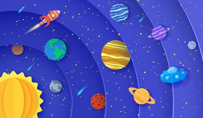 Solar system model in paper cut style. Round layers galaxy space with cartoon planets, red polygonal rocket, comets and origami UFO. 3d vector background with flying saucer in starry night sky