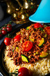 Tomato bulgur with vegetables and minced meat