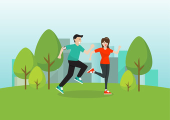 Man and woman running in public park