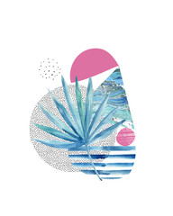 Sticker - Geometric collage layout: fan palm leaf, triangles with marbling texture, circles, stripes