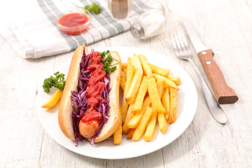 Wall Mural - hot dog with cabbage, sausage and ketchup with french fries