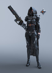 Cyborg woman stands in an attacking pose with an assault gun in one hand. Sci-fi girl in black armor suit with helmet. Futuristic soldier concept in hooded cloak uses drone assistant scout. 3d render