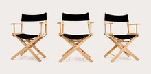 Multi Angle Of Director's Chair Isolated On White Background, Front Left Right