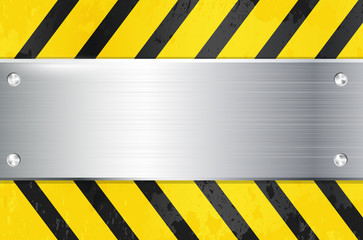 Wall Mural - silver metal grungy frame background with yellow warning lines